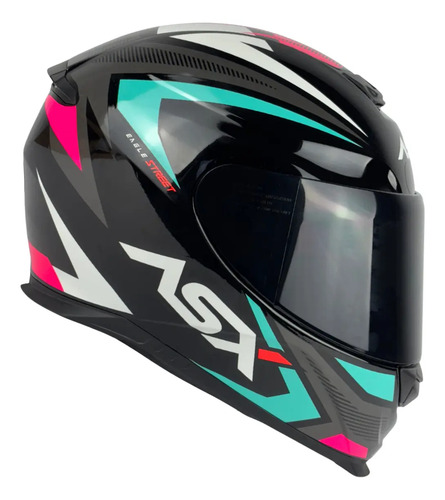 Capacete ASX Eagle Fechado + Viseira Fumê Street - Preto Brilhoso/Tiffany/Rosa
