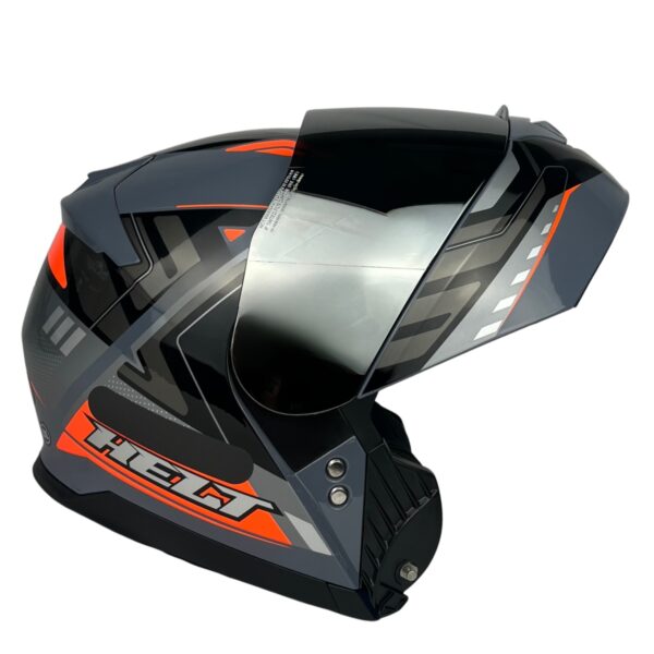 Capacete Helt Hippo Glass Escamoteável + Viseira Extra Guardian - Cinza/Laranja + Viseira Espelhada (Prata)