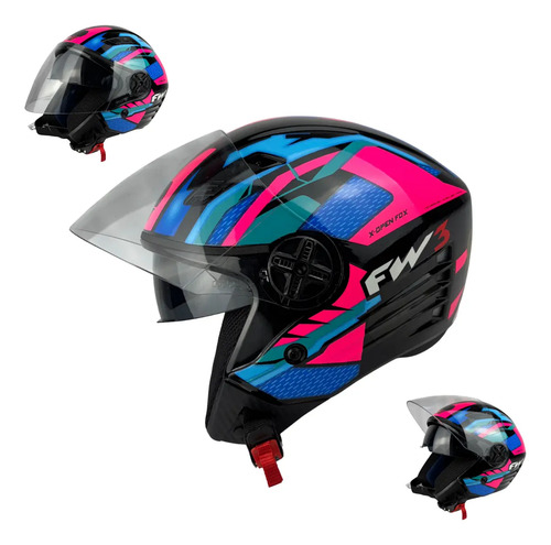 Capacete FW3 X-Open Up Fox Aberto Rosa/Azul