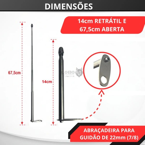 Antena Metálica corta Pipa Retrátil 7 estágios (Retrovisor)