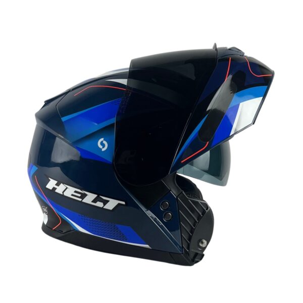 Capacete Helt Hippo Glass Escamoteável + Viseira Extra Omega - Preto/Azul + Viseira Fumê Capacete Helt Hippo Glass Escamoteável + Viseira Extra Omega - Preto/Azul + Viseira Fumê