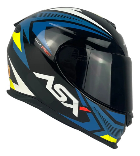 Capacete ASX Eagle Fechado + Viseira Fumê Street - Preto Brilhoso/Azul/Amarelo