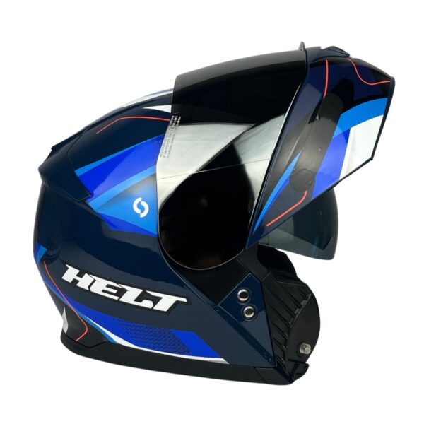 Capacete Helt Hippo Glass Escamoteável + Viseira Extra Omega - Preto/Azul + Viseira Espelhada (Prata) Capacete Helt Hippo Glass Escamoteável + Viseira Extra Omega - Preto/Azul + Viseira Espelhada (Prata)