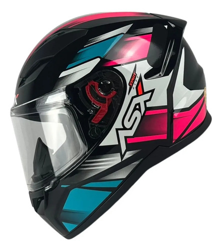 Capacete ASX City Fechado Start - Preto Brilhoso/Turquesa/Rosa